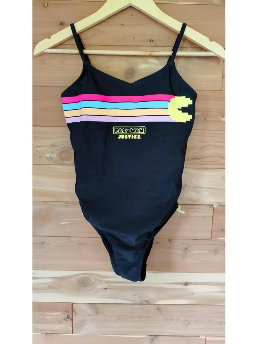 Justice Pac-Man One-Piece Swimsuit Girls Size L 12/14 Black Multicolor NWOT